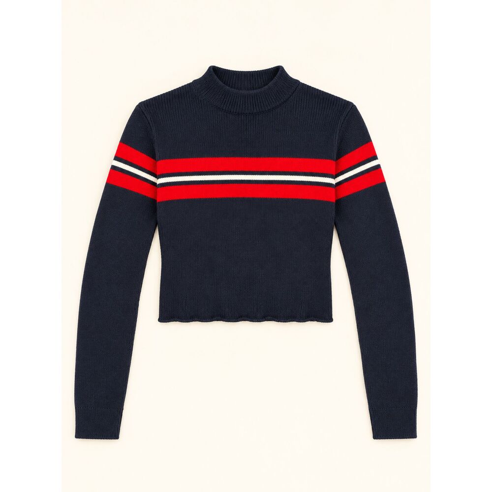 Brandy Melville Navy Red White Stripe Cropped Mock Neck Sweater One Size